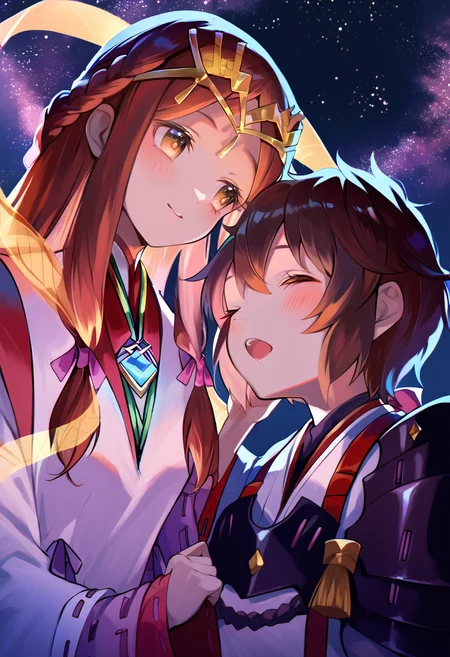 (score_9:0.9),score_8_up,score_7_up,anime style,rating_safe,(zPDXL),2girls,night,starry sky,
BREAK long sleeves,haze_xb2,miko costume, light smile,
BREAK shoulder armor,lora_xb2,white japanese costume,closed eyes,blush,open mouth,<lora:XB2 Lora and Haze ponyXL v1:0.92>, sleeping