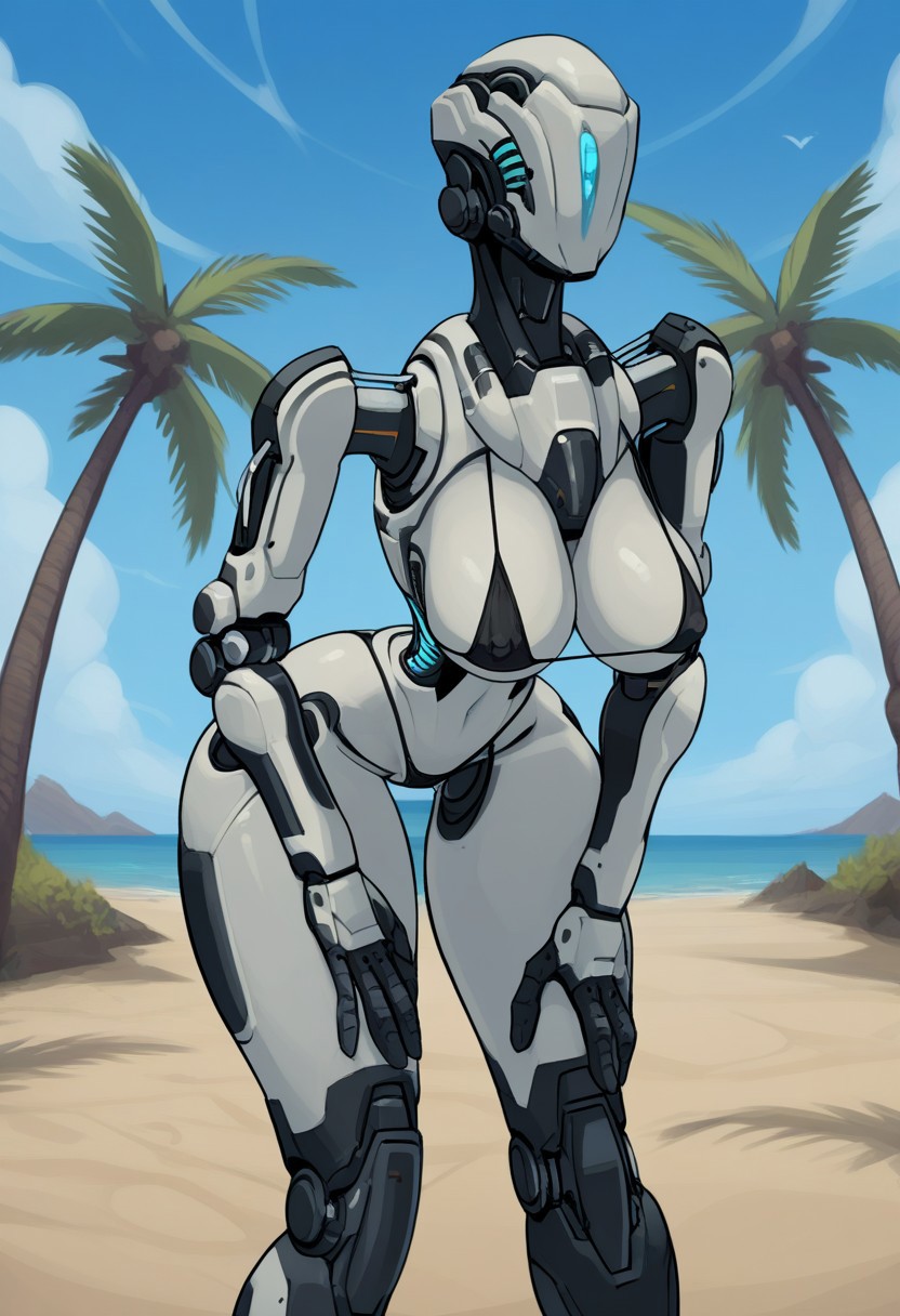 score_9, score_8_up, score_7_up, score_6_up, score_5_up, score_4_up, masterpiece, hd, source_anime, 1girl, solo, sam hayden, robotic female, (machine), large breasts, sagging breasts, wearing black micro-thong, micro bikini,  ((robotic eye)), single eye,   blue eye, white body, pochincoff,  round ass, leaning forward, hands on knees, bending over, cute girl, outdoors, beach resort, palm trees, clouds, setting sun, aesthetic, nipple outline, very wide hips, slender thighs, ((narrow waist)), looking back at viewer