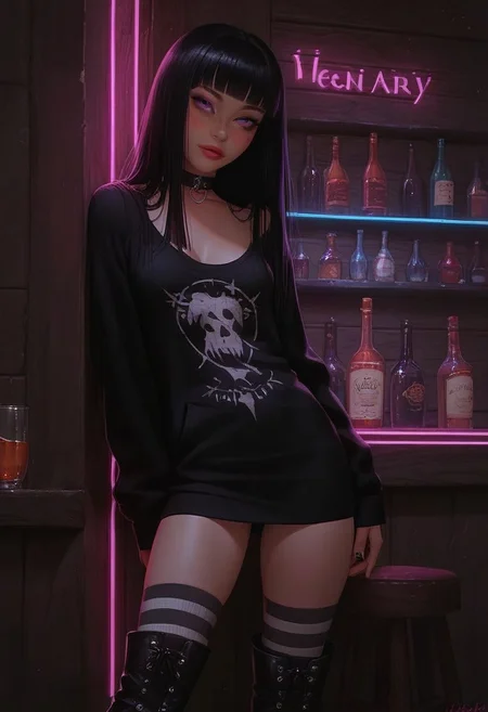 (score_9, score_8_up, score_7_up), 1girl, 20 year old, long black hair, hime cut, perky breasts, cleavage, pretty face, looking at viewer, purple eyes, light freckles, oversized hoodie, black skirt, striped thigh-high socks, gothic boots, leaning on wall, detailed background, inside, bar, hidden area, vivid colours, g0thicPXL, glowing, neon, portrait shot, face focus,