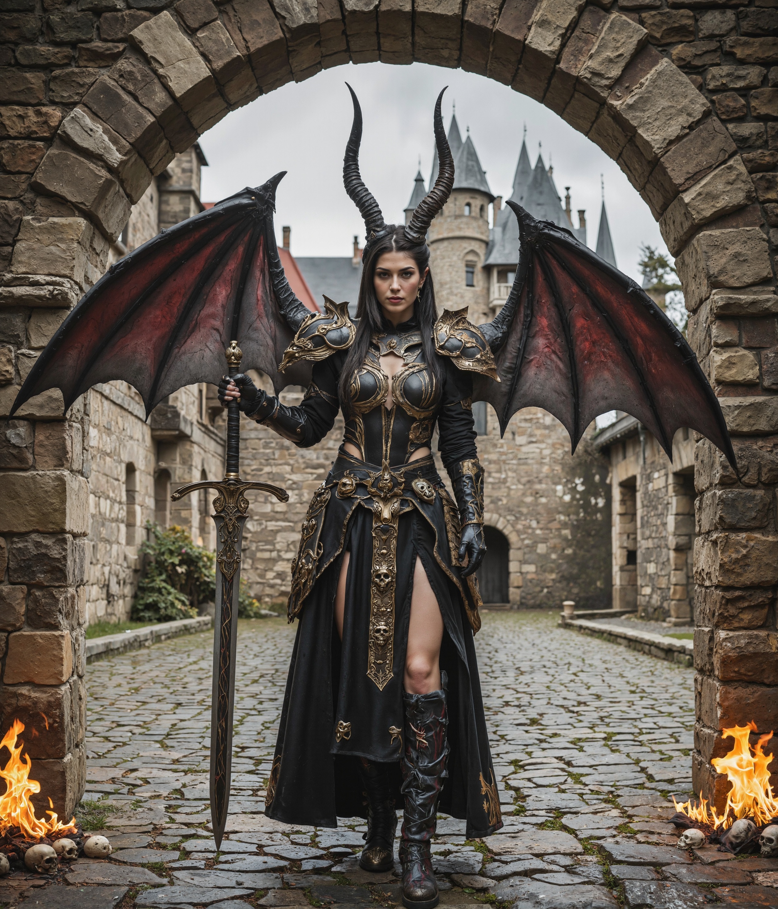 This image depicts an impressively detailed fantasy or cosplay photograph featuring an elaborate dark fantasy character design, set against a medieval castle backdrop. The setting appears to be a stone-paved courtyard or pathway, framed by weathered sandstone archways, with multiple castle towers featuring distinctive pointed spires visible in the background. The costume design is intricate and draws heavily from dark fantasy and gothic aesthetics. The character wears an elaborate outfit consisting of several key elements: large curved horns emerging from the head, dramatic bat-like wings attached to the back (rendered in deep red and black), and a complex ensemble of black and gold armor pieces and fabric. The outfit combines ornate armor elements with revealing fantasy wear, including decorated pauldrons (shoulder armor) with skull motifs and gold accents, black arm-length gloves, and thigh-high boots with intricate gold pattern work along their length. A long black skirt with gold embroidered designs features high slits and is secured with skull-decorated belts. The top portion of the outfit includes a structured black and gold designed bodice with skull centerpiece. The overall styling includes pointed elf-like ear prosthetics, large hoop earrings, dramatic makeup with emphasized eyes, and long dark hair. The character holds what appears to be a prop sword with special effects added to make it appear to be glowing or on fire. The photograph's composition is enhanced by dramatic staging elements, including real or digitally added flames at the bottom of the frame, along with decorative skulls placed among the flames. These elements, combined with the medieval castle setting, create a dark fantasy atmosphere reminiscent of video games or fantasy film aesthetics. The lighting in the image is well-controlled, highlighting the costume details while maintaining the moody atmosphere. The background castle appears to be photographed during overcast conditions, which adds to the fantasy realm aesthetic. The stone archway frames the subject effectively, drawing attention to the central figure while providing architectural context. The technical execution of the photograph shows careful attention to detail, from the positioning of the wings to complement the pose, to the integration of practical and possibly digital effects like the flaming sword and ground fires. The costume construction demonstrates high-quality craftsmanship, particularly in the detailed leather or faux leather work, metal or metallic-appearing components, and the integration of the various elements into a cohesive design. The overall effect successfully creates the impression of a powerful dark fantasy character, combining elements from various fantasy genres including dark medieval, gothic, and role-playing game aesthetics. The attention to detail in both the costume creation and photographic composition results in a striking image that effectively conveys its intended fantasy theme. The setting itself appears to be a real medieval or medieval-style castle location, with authentic stonework and architecture, which adds considerable authenticity to the fantasy scenario being presented. The combination of location, costume, props, and photography techniques creates a compelling and professional-quality fantasy character portrait.