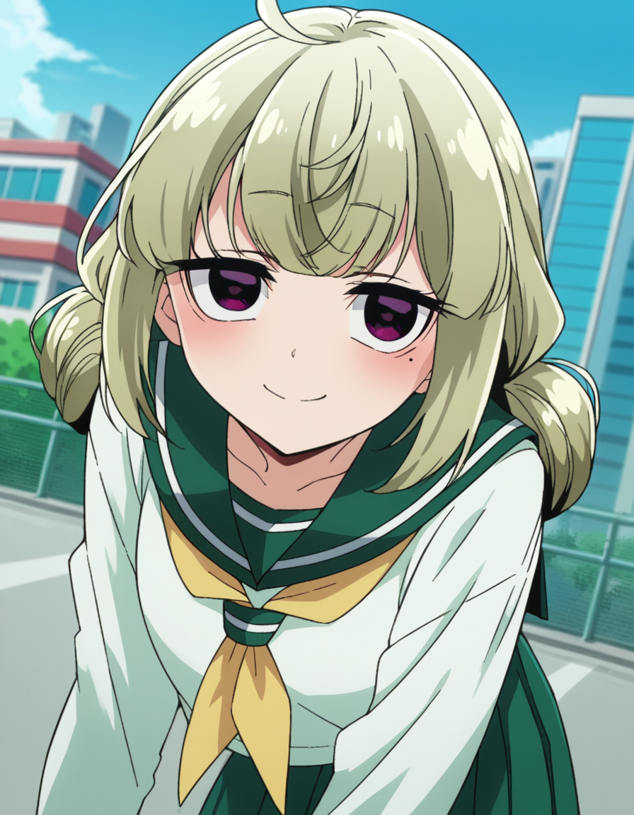 score_9, score_8_up, score_7_up, source_anime,
kiwiaraga, <lora:kiwi-araga-ponyxl-lora-nochekaiser:1>
kiwi araga, bangs, ahoge, mole, mole under eye, purple eyes, green hair, hair bun, double hair bun, smile,
skirt, shirt, long sleeves, school uniform, white shirt, pleated skirt, serafuku, sailor collar, neckerchief, green skirt, green sailor collar,
outdoors, cityscape, bent over,
looking at viewer, dutch angle, cowboy shot