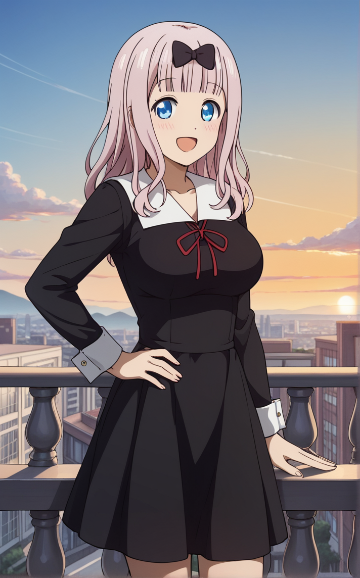 score_9, score_8_up, score_7_up, absurdres, contrapposto, hand on hip, sunset, sidelighting, cityscape, vanishing point, outdoors, depth of field, solo, looking at viewer, <lora:PONYXL_ChikaFujiwara_ownwaifu:1>, BREAK MainOutfit_Chika_ownwaifu, 1girl, fujiwara chika, hair bow, long hair, pink hair, blue eyes, shuuchiin academy school uniform, blunt bangs, black bow, black dress, red ribbon, neck ribbon, collarbone, long sleeves, collared dress, large breasts, breasts, dot nose, white sailor collar, pinafore dress, kneehighs, white socks, sleeve cuffs, thighs, no pupils, tareme, bright pupils, hair ornament, shiny hair, <lora:add-detail-xl:0.15>,