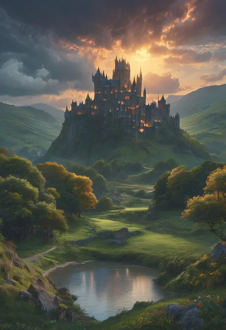 A captivating night scene illustration featuring a beautiful castle on a large  hill overlooking a lake in Wales.   The castle is ancient but well maintained and updated and comfortable to live in.  This enchanting artwork captures a serene and peaceful early morning, where the sun is just starting to rise over the beautiful hills and castle which   stands resolute amidst hills of Wales, creating a cinematic experience., illustration, cinematic
<lora:DonM3t3rn1tyXL-v1.1:0.7>, DonM3t3rn1tyXL,
OverallDetailXL  <lora:MJ52:0.3>  <lora:SDXLFaeTastic2400:0.4>  <lora:EpicF4nta5yXL:0.7>