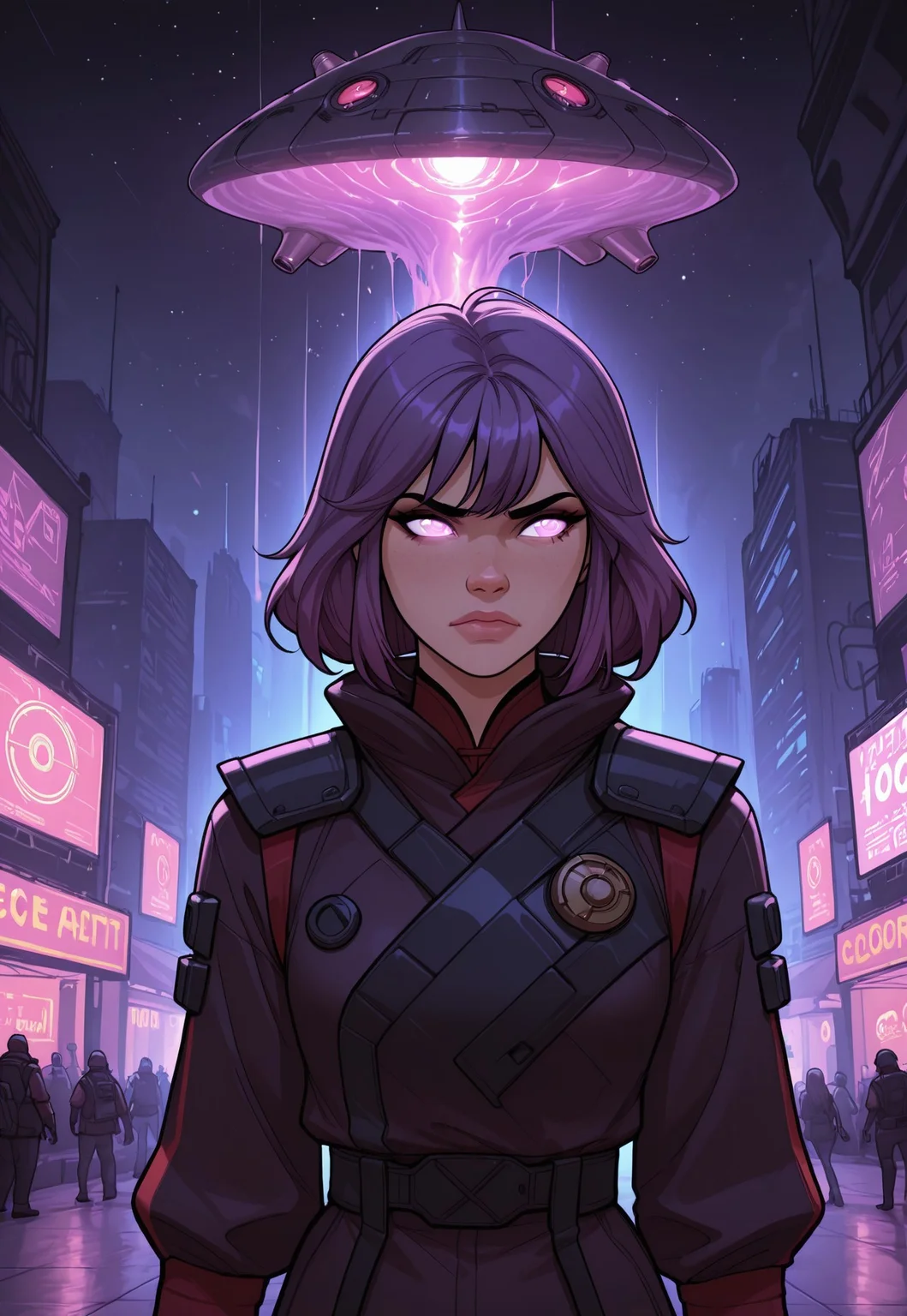 score_9, score_8_up, score_7_up, 1girl, solo, intergalactic bounty hunter, futuristic battle armor with glowing neon accents and advanced tech, dual plasma blasters with sleek designs and glowing energy cores, short spiky purple hair with cybernetic enhancements, realistic, cinematic angle, cinematic lighting, athletic body, determined face, glowing cyan eyes, combat-ready pose
BREAK
tracking a target through a bustling alien marketplace
BREAK
source_sci-fi_art, rating_explicit, expressive, full body, dynamic pose
BREAK
detailed beautiful background, vibrant alien marketplace with exotic stalls and bustling crowds, neon-lit signs and holographic advertisements, alien creatures and advanced technology, distant spacecraft and futuristic skyline, high-tech atmosphere with a sense of adventure and danger
<lora:Expressive_H:0.6>Expressiveh, (SimplepositiveXLv1:1.3), (upper body, full clothed:1.85) ((masterpiece)) (ultra realistic, 32k, masterpiece:1.2), (high detailed skin:1.1), (high quality:1.1) (((full clothed))) <lora:DandonFuga_Style_v.2_-_Pony:0.8>
<lora:add-detail-xl:1>
<lora:Dynamic Poses:1>