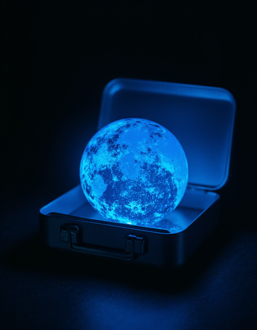A photo of a metal lunchbox containing a blue planet that is emitting a blue glow in a dark room., <lora:amateurphoto-v5-14-15-1-1:0.4> <lora:Another_Amateur_Lora:0.4> <lora:Phlux:0.4> <lora:UltraRealistic_Lora_Project:0.4>
