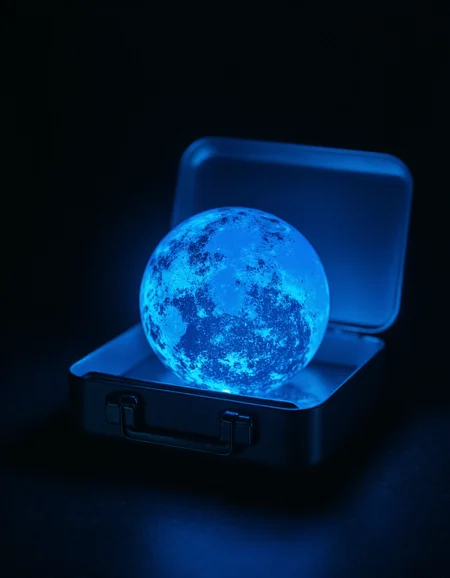 A photo of a metal lunchbox containing a blue planet that is emitting a blue glow in a dark room., <lora:amateurphoto-v5-14-15-1-1:0.4> <lora:Another_Amateur_Lora:0.4> <lora:Phlux:0.4> <lora:UltraRealistic_Lora_Project:0.4>