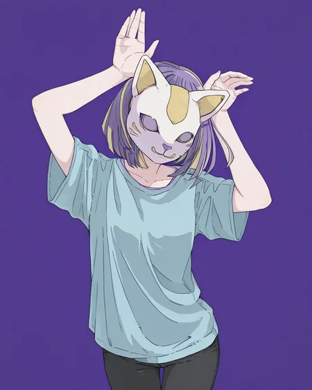 1girl, solo, phony \(cevio\), purple hair, yellow hair, multicolored hair, streaked hair, bob cut, fox mask, blue shirt, black pants, rabbit pose, looking at viewer, upper body, simple background, purple background, dark theme, masterpiece, best quality, very aesthetic, absurdres