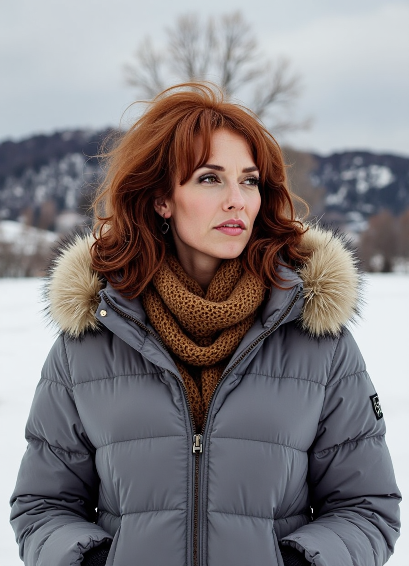 SFW, brightly lit, The image is a portrait of a woman standing in a snowy landscape. She is wearing a gray puffer jacket with a fur hood and a brown scarf around her neck. Her e hair is styled in loose waves and she is looking off to the side with a serious expression on her face. The background is blurred, but it appears to be a snowy field with trees in the distance. The overall mood of the image is cold and wintery., aidmaimageupgrader<lora:flux\custom\celebrity\peg-bundy.safetensors:1.1:1.1> <lora:turbo-8-step-flux.safetensors:0.5:0.5> <lora:flux\style\Common\aidmaImageUprader-FLUX-v0.3.safetensors:0.25:0.25>