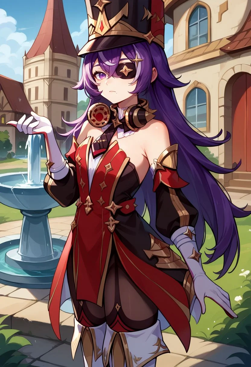 score_9, score_8_up, score_7_up, source_anime, 1girl, chevydef, purple eyes, purple hair, streaked hair, long hair, pointy hair, hair between eyes, eyepatch, mole under mouth, earmuffs, shako cap, gold trim, black necktie, red dress, strapless dress, puffy detached sleeves, bare shoulders, black headwear, detached collar, white gloves, black pantyhose, white footwear, thigh boots, standing, expressionless, looking at viewer, outdoors, renaissance town, fountain, cowboy shot, <lora:Chevreuse_v1-000010:1>