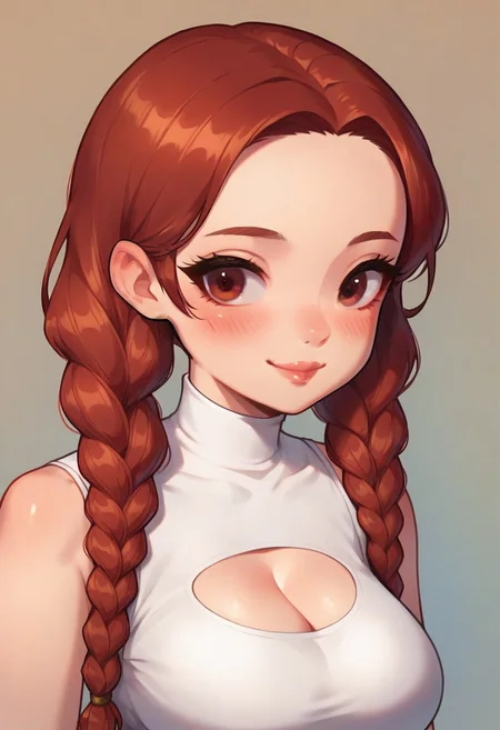 score_9,score_8_up,score_7_up,blurry,<lora:PetraStyle:1.8>,((masterpiece)),illustration,high detail, trending,kawaii,pale skin,red hair with braids, brown eyes,long eyelashes, blush,white sleeveless summer dress,smile,big breasts,cleavage,sexy