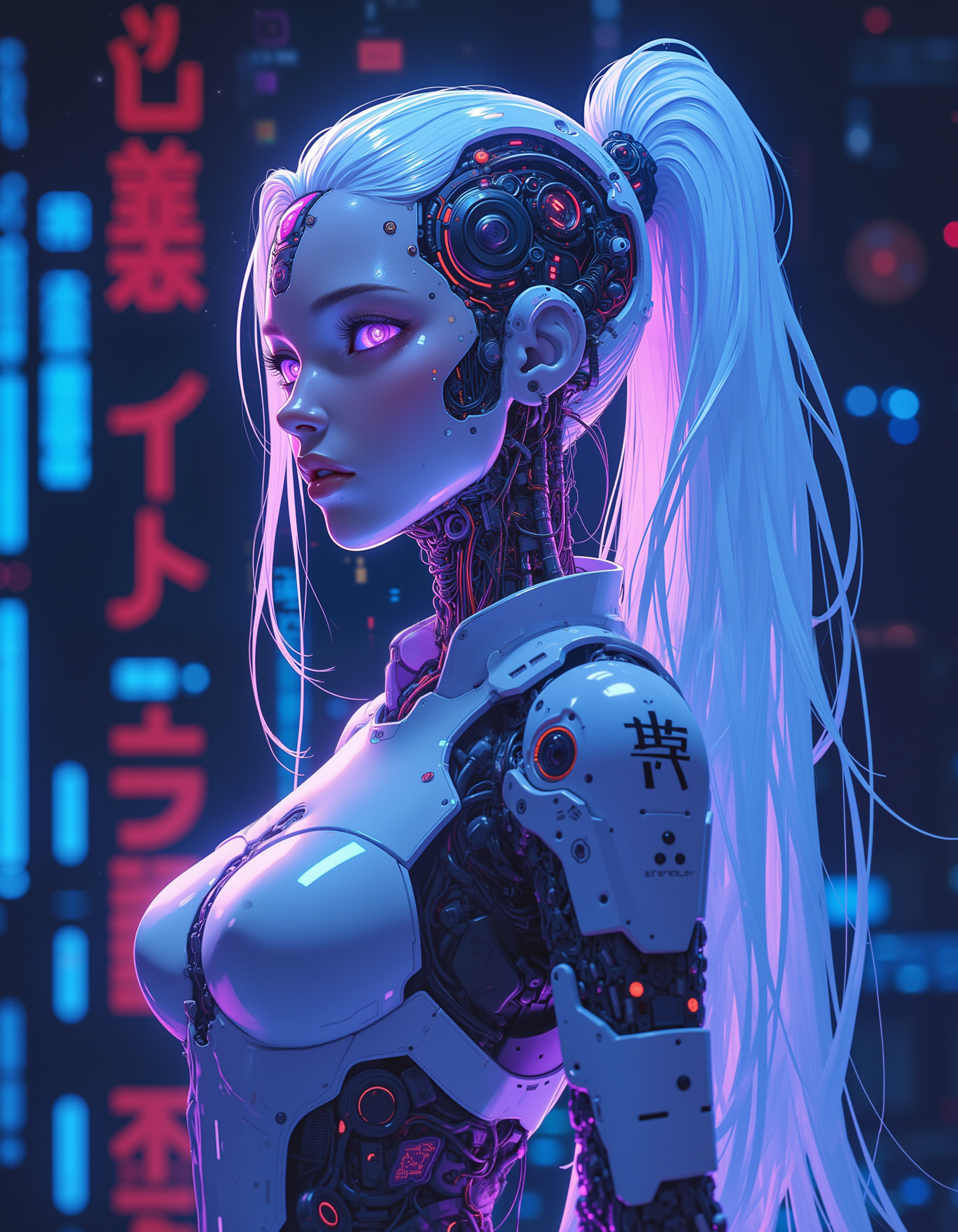 cyborgheadv2, masterpiece, best quality, good quality, very aesthetic, absurdres, newest, 8K, depth of field, focused subject, dynamic angle, side view, 1girl,solo, CivChan, android, faint, glowing, ethereal, neon hair, glowing hair, long hair, purple eyes, futuristic uniform, cleavage, standing looking sweet, stance, coy, looking at viewer, relaxing, sci-fi <lora:cyborgheadv2:0.45> <lora:CPA:0.7>