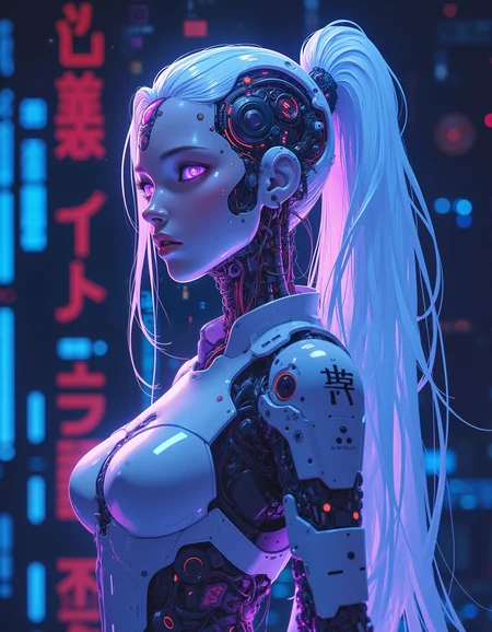 cyborgheadv2, masterpiece, best quality, good quality, very aesthetic, absurdres, newest, 8K, depth of field, focused subject, dynamic angle, side view, 1girl,solo, CivChan, android, faint, glowing, ethereal, neon hair, glowing hair, long hair, purple eyes, futuristic uniform, cleavage, standing looking sweet, stance, coy, looking at viewer, relaxing, sci-fi <lora:cyborgheadv2:0.45> <lora:CPA:0.7>