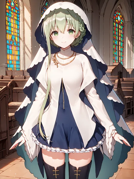 score_9, score_8_up, score_7_up,source_anime, high res image,masterpiece,best quality
indoors, cowboy shot, ((church:1.2)), looking at viewer, smile, standing,
<lora:CeciliaV2-03:0.8> ((ceciliav2:1.3)), 1girl, green hair, long hair, dress, jewelry, green eyes, hair between eyes, veil, necklace, long sleeves, wide sleeves, black thighhighs, frills, zettai ryouiki, blue dress, ((long white dress:1)), parted lips, thighs, skirt, closed mouth, ((folded braid:1.3)), thigh boots, single sidelock, asymmetrical hair
<lora:add-detail-xl:2>