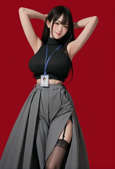 1girl,solo,red background,,ruanyi0897,black thighhighs,garter straps,turtleneck,id card,lanyard,grey skirt,crop top,black sleeveless sweater,long skirt,arms up,<lora:0897 Home wear 3_v1_pony:1>, score_9, score_8_up, score_7_up, score_6_up, score_9, score_8_up, score_7_up, score_6_up source_anime, blush, 1girl, seduce smile, perfect body , natural huge breasts