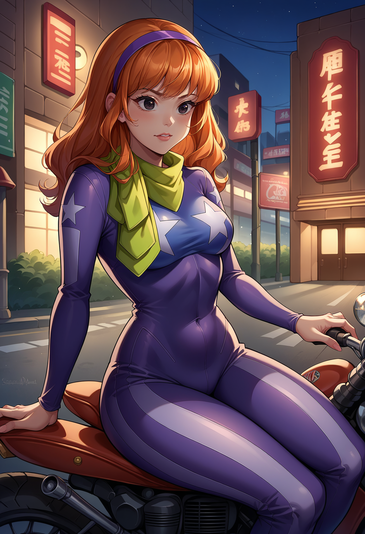score_9, score_8_up,score_7_up, source_anime, 1girl, solo, <lora:EPsbdDaphne:1>, EPsbdDaphne, orange hair, long hair, black eyes, purple hairband, green scarf,
cowboy shot, leaning, motor vehicle, ground vehicle, motorcycle, sitting, on motorcycle,bodysuit, night, street, american flag print