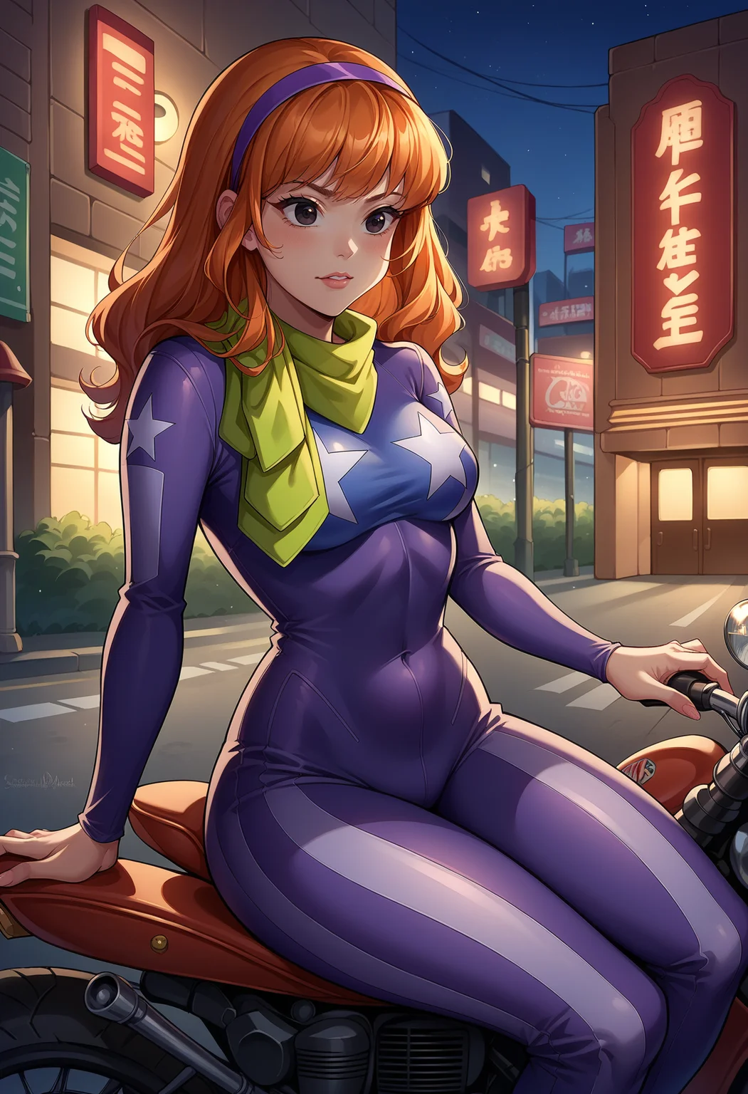score_9, score_8_up,score_7_up, source_anime, 1girl, solo, <lora:EPsbdDaphne:1>, EPsbdDaphne, orange hair, long hair, black eyes, purple hairband, green scarf,
cowboy shot, leaning, motor vehicle, ground vehicle, motorcycle, sitting, on motorcycle,bodysuit, night, street, american flag print