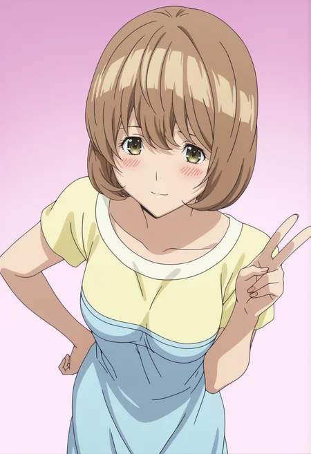 masterpiece, best quality, amazing quality, anime screencap,  1girl,   <lora:DX888YurikoIL:1> aoki yuriko, bob cut, light brown hair, yellow eyes, light smile, blush,   half-dress BREAK pink background, gradient background, BREAK  , v,  hand on own hip,  from above,