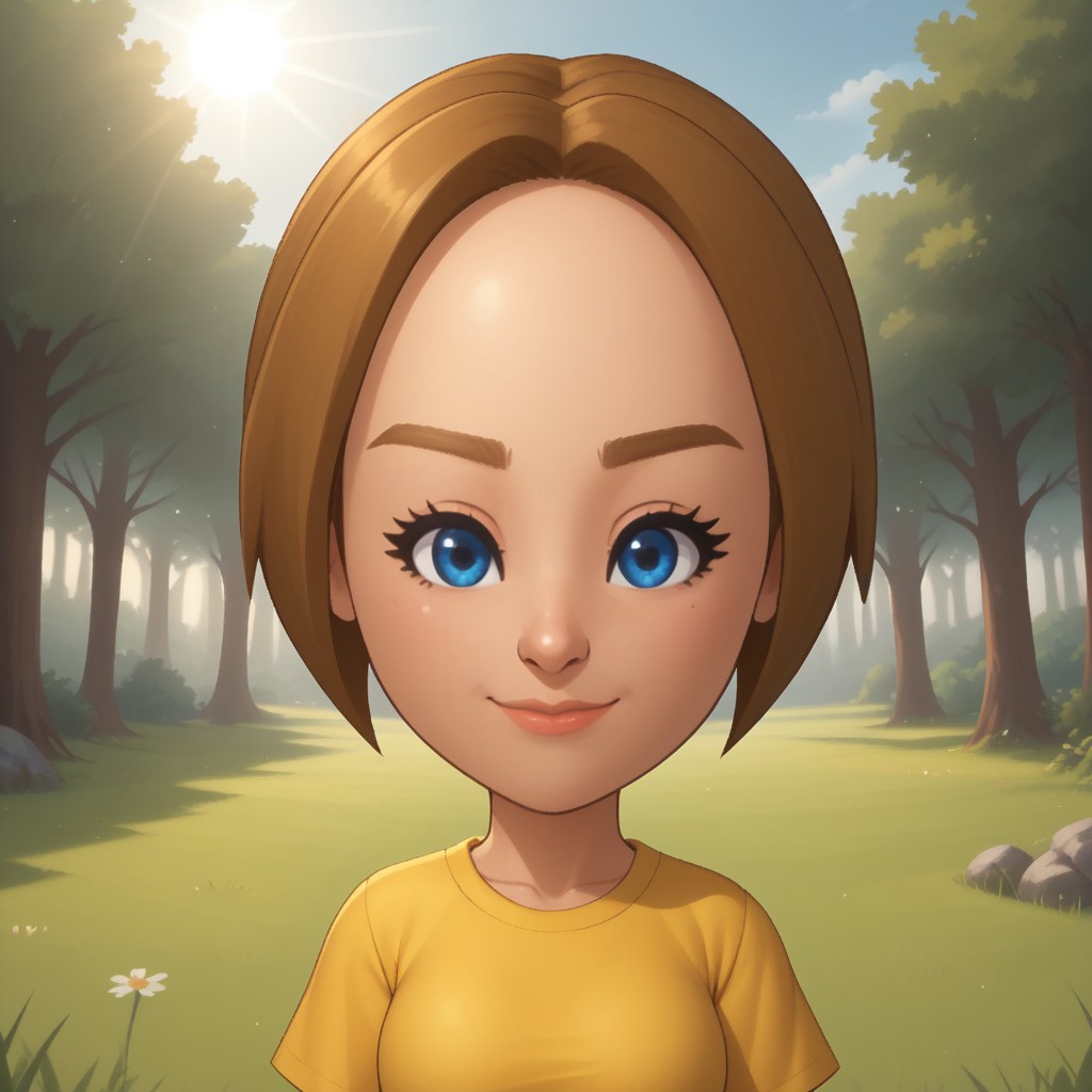 score_9, score_8, BREAK, solo, mii, wii, wii sports, 1girl, female mii, cute, dark blonde hair, ponytail, blue eyes, lips, dark skin, yellow clothing, white pants, flip flops, breasts, Mia_(Wii_Sports), Nintendo Mii, modern_mii, classic_mii, dark blonde eyebrows, sexy pose, smile, outdoors, sunlight, shadows, evening lighting, natural lighting, forest, trees, grass, orange sky, sunset