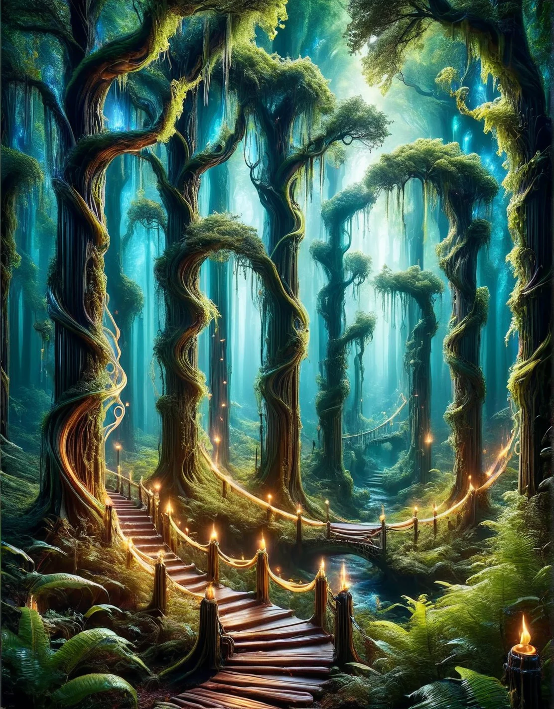 An enchanted forest scene with ais-brknlvlmp trees like twisting columns <lora:ais-brknlvlmp-sdxl:1>, mystical creatures flit between the trees, casting spells that spark. A clear, star-filled sky overhead illuminates a winding path that leads deeper into the magical woods