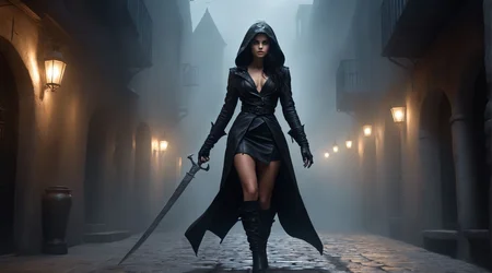 (contrapposto pose, alluring legs:1.3), Shadow Dancer in Darkened Alley, style of Brom, nimble female rogue in black leather, surrounded by swirling shadows taking forms of dark creatures, intense eyes peering from beneath a hood, faint glow of a dagger in hand, narrow cobblestone alley, heavy fog creating an ominous atmosphere, faint rain slicking the ground (rogue:1.03), (shadow creatures:1.2), (dagger:1.0), (fog:0.8), (lanterns:0.7), dark and suspenseful, cover art style, shadow effects, HDR, rule of thirds composition, full-length editorial photo of 21yo seductress, cute face, large bosom, attractive body figure, feminine hourglass body shape, style of Peder Balke, Nordic Landscapes, Atmospheric Light, Vast Skies, Dramatic Seascapes, Monochromatic Simplicity, Mariella_Nereida,