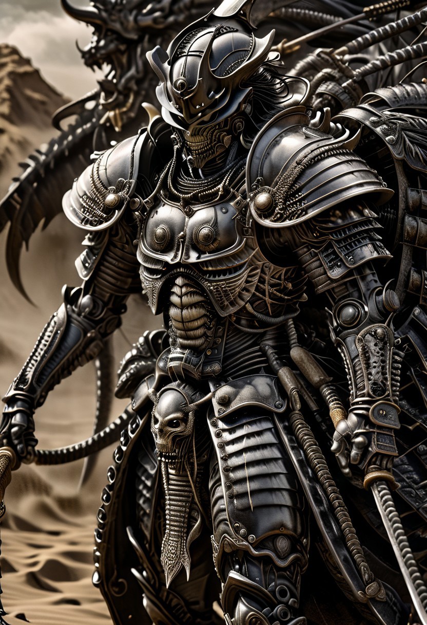 stunning, magnificent, HD, photorealistic, samurai, dramatic lighting, solo, standing alone in a desert, intricate details, intricate armor, intense gaze, mythical, legendary, powerful, ((dark, evening)), cinematic, close-up, art by hr giger,
 armor, science fiction, no humans,
 vintage painting,painting,realism,Americana art,artistic style