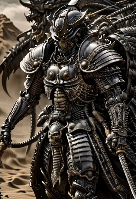 stunning, magnificent, HD, photorealistic, samurai, dramatic lighting, solo, standing alone in a desert, intricate details, intricate armor, intense gaze, mythical, legendary, powerful, ((dark, evening)), cinematic, close-up, art by hr giger,
armor, science fiction, no humans,
vintage painting,painting,realism,Americana art,artistic style