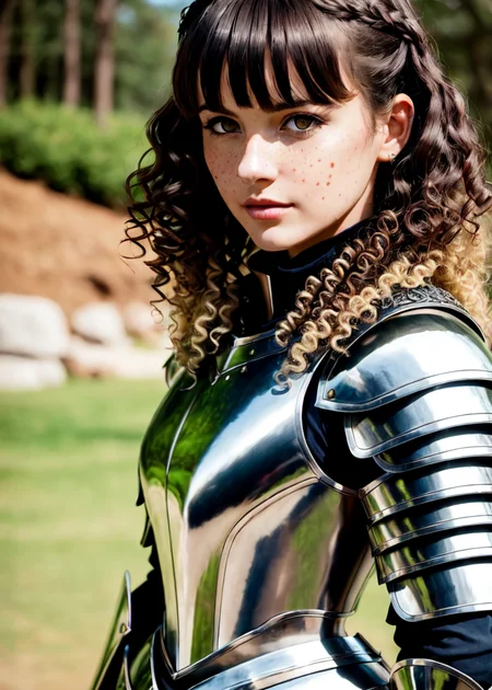 (masterpiece, best quality:1.4), realistic, photorealistic, 1girl, solo, female paladin, young woman, [cute], stunningly beautiful, medium breast, slender, vambraces, (intricate full plate armor, no helmet:1.2), medium blonde hair, highly detailed eyes, soft eyes, realistic pupils, lace trimmed hairband, (curly hair:1.4), (parted bangs:1.3), full lips, (close up), (embarrassed, ashamed:1.3), gauntlets, cape, (sweatdrop:1.3), freckles, (looking at viewer:1.2), highly detailed skin, skin pores, subsurface scattering, fantasy, stone wall background, large stones, absurdres, perfect anatomy, realistic proportions, perfect lighting, sharp focus, 85mm lens, side lighting, vibrant, film still, photographed by Canan EOS R6, 135mm, 1/1250s, f/2.8, ISO 400