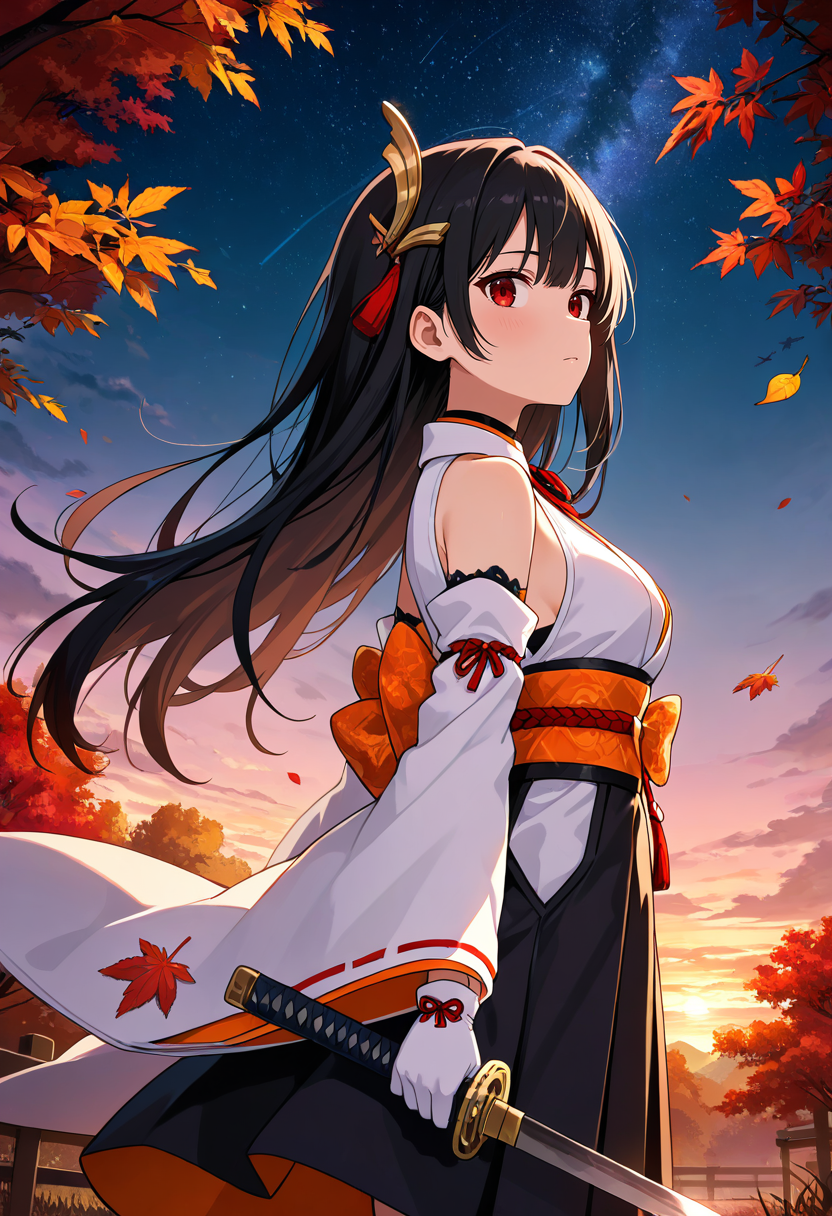 masterpiece, best quality, absurdres, very aesthetic, general,
1girl, white shirt, open shirt, sleeveless shirt, white kimono, japanese clothes, black skirt, hakama, detached sleeves, white sleeves, hair ornament, white gloves, bare shoulders, white collar, orange obi, cowboy shot, holding sword, outdoors, autumn, autumn leaves, outdoors, sunset, twilight, starry sky, night sky, black hair, long hair, from side, looking to the side, falling leaves, red eyes,