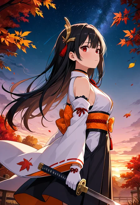 masterpiece, best quality, absurdres, very aesthetic, general,
1girl, white shirt, open shirt, sleeveless shirt, white kimono, japanese clothes, black skirt, hakama, detached sleeves, white sleeves, hair ornament, white gloves, bare shoulders, white collar, orange obi, cowboy shot, holding sword, outdoors, autumn, autumn leaves, outdoors, sunset, twilight, starry sky, night sky, black hair, long hair, from side, looking to the side, falling leaves, red eyes,