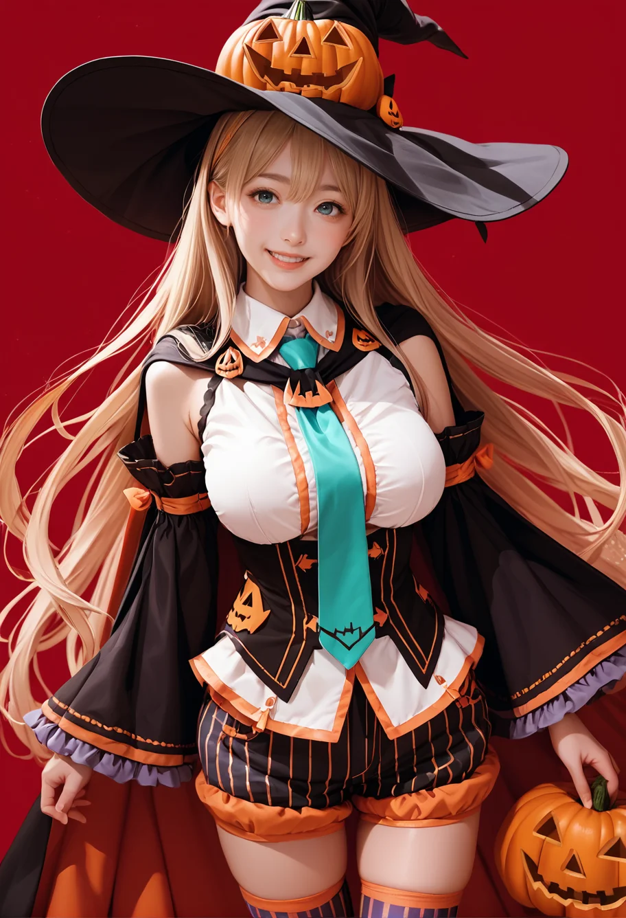 1girl,cowboy shot,red background,,ruanyi1053,aqua necktie,cape,detached sleeves,frills,halloween costume,jack-o'-lantern,vertical-striped thighhighs,vertical-striped shorts,wide sleeves,
medium breasts,blonde hair,very long hair,<lora:1053 halloween costume_v1_pony:1>, score_9, score_8_up, score_7_up, score_6_up, score_9, score_8_up, score_7_up, score_6_up source_anime, blush, 1girl, seduce smile, perfect body , natural huge breasts