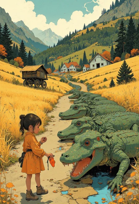 A charming rural illustration showcasing a bright and lively countryside scene. The composition centers on a group of green crocodiles walking in a single file along a dirt path, with their glossy green skin and red tongues highlighted under warm sunlight. To the left of the crocodiles stands a young girl, depicted with medium-length, wavy brown hair, wearing a simple orange dress. She holds a stick with a red piece of meat attached, interacting playfully with the crocodiles. Her facial expression is cheerful, reflecting a sense of joy and connection with the animals.
The background is characterized by rolling fields of golden rice paddies on the right and neatly stacked straw bundles on the left, signifying the harvest season. A wooden cart laden with hay is positioned slightly off-center on the dirt path, adding to the rustic atmosphere. Beyond, a small cluster of white farmhouses sits at the base of forested hills, with green and autumnal trees blending harmoniously.