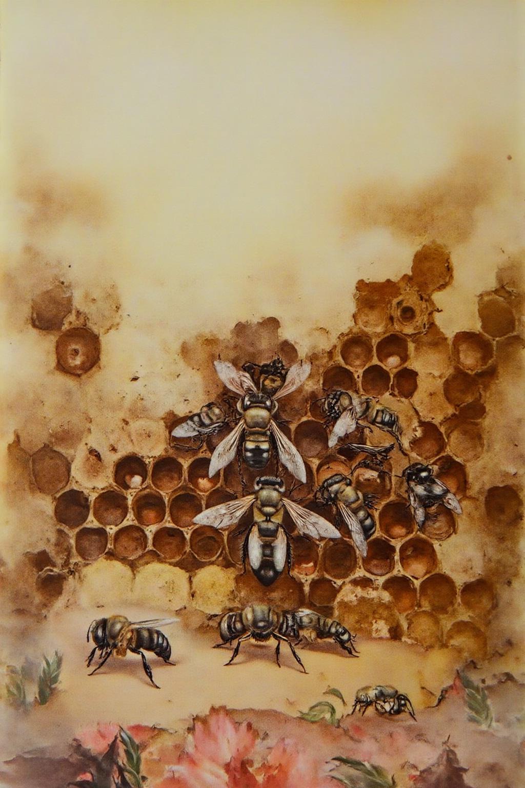 detmo1d watercolor painting.
A detailed, realistic watercolor painting depicting a close-up scene of a beehive. The artwork features a rich, earthy color palette dominated by browns, golds, and yellows, giving it a warm, organic feel. The beehive, rendered in exquisite detail, is the central focus. The hexagonal cells of the hive are meticulously drawn, each cell filled with honey, which appears as a slightly darker, almost caramel hue within the honeycomb structure. <lora:detmold1_cap_d6a3e13:1.0><lora:831795549016430021:0>