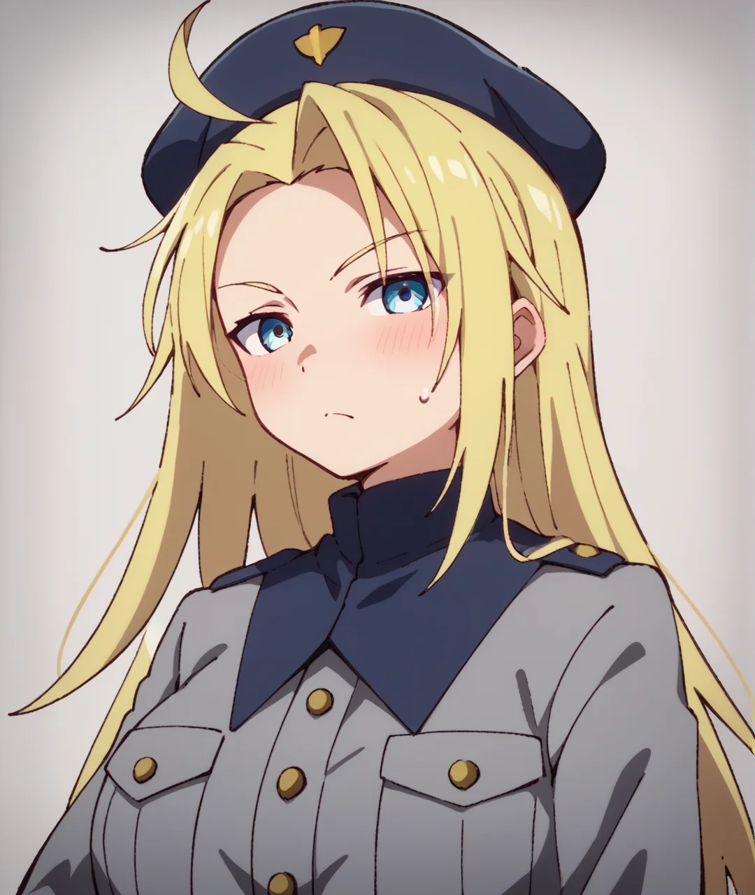 score_9, score_8_up, score_7_up, score_6_up, score_5_up, score_4_up, BREAK source_anime,
<lora:Pisara_PONY:1>,pisara, 1girl, solo, blonde hair, long hair, blue eyes,ahoge, military uniform, hat,