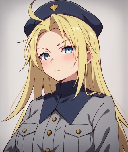 score_9, score_8_up, score_7_up, score_6_up, score_5_up, score_4_up, BREAK source_anime,
<lora:Pisara_PONY:1>,pisara, 1girl, solo, blonde hair, long hair, blue eyes,ahoge, military uniform, hat,