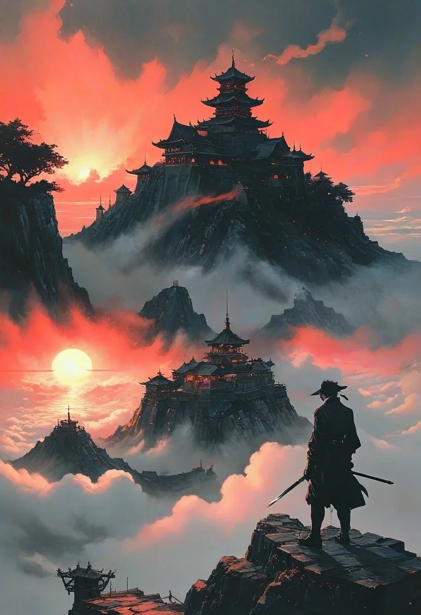 score_9, panorama landscape, architecture, street market, street, outdoor market, sunset, dracula japan village, Japan, enchanted fortress and fortified castle, above the clouds, mystical atmosphere, detailed stone and wood walls, europinian man, 50 years old, devil, blood, bloody mist swirls around, weibo, drawing, formal, black hair, devil horns, double halo, hunter eyes, holding finger to lips, shush, intimidating retro 90's, red, black, science fiction, a dark sky lit by the glow of distant moons and neon lights. rockpunk, yoji shinkawa, James Jean, Ayami Kojima, village<lora:EnvySendNoodzXL01:-2><lora:EnvyZoomSliderXL01:.5>