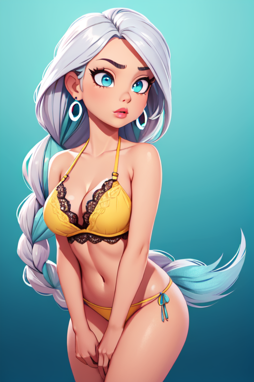 Queen, Average Height, Fit, Diamond-Shaped Face, Fair Skin, Silver Hair, light blue Eyes, Straight Nose, Pouty Lips, Sharp Chin, Long Hair, Coarse Hair, Fishtail Braid, saggy breasts, Threader earrings, teal matte lipstick, Yellow Lace Halter Bralette and Thong Set, balancing