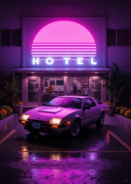 <lora:ck-Neon-Retrowave:1>, ck-nw, in the style of ck-nw, a DMC-12 car parked in front of a hotel at sundown