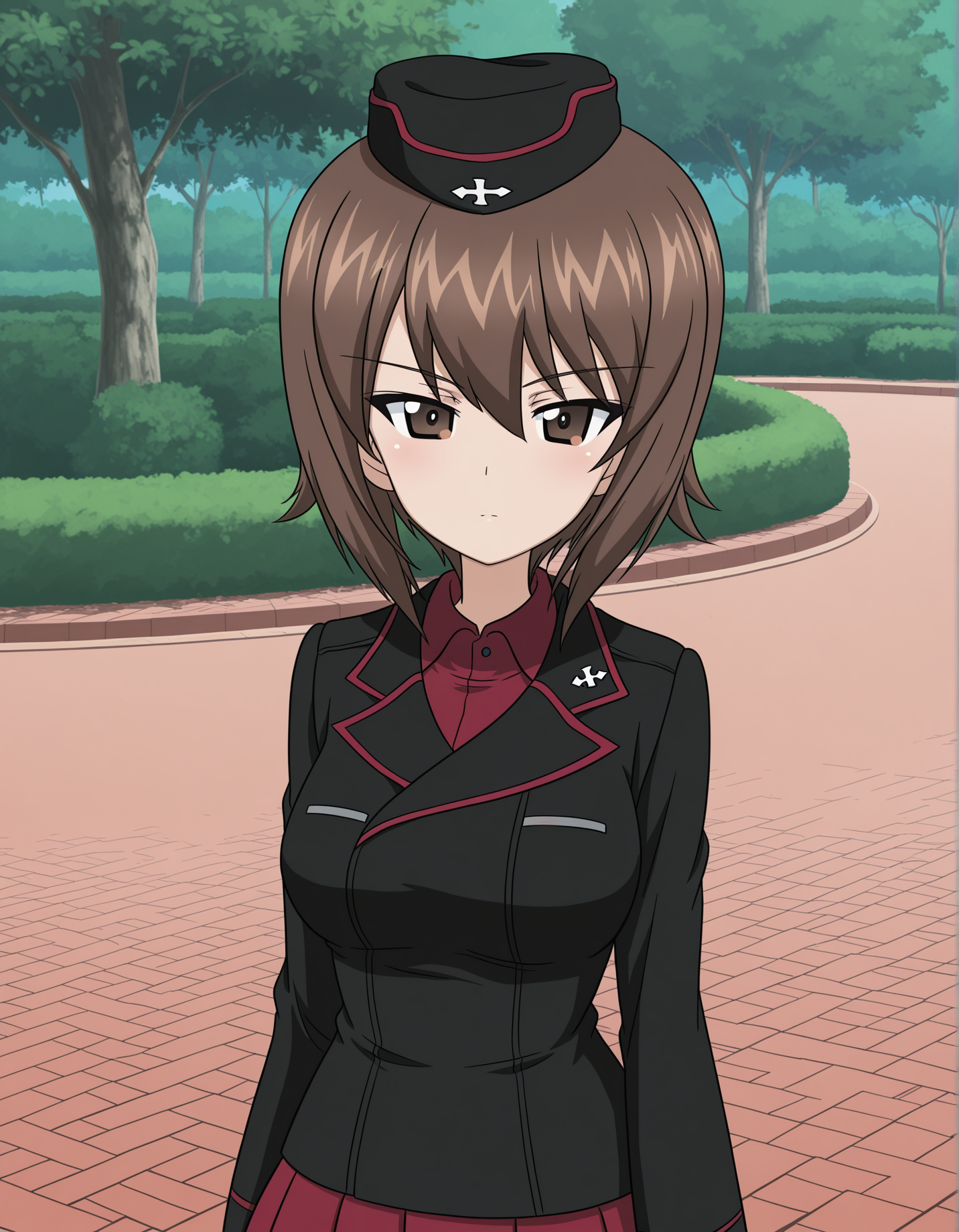 masterpiece,best quality, absurdres, highres,   <lora:Maho Nishizumi illu:0.9> mahoillu, dress shirt, kuromorimine military uniform, black jacket,  wing collar, garrison cap, long sleeves, red pleated skirt, standing outside, park, anime coloring, girls und panzer, looking at viewer,