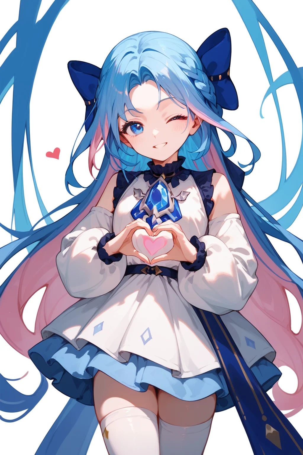 (score_9,score_8_up,score_7_up,),<lora:shume-000020:0.9>,shume,multicolored hair,long hair,pink hair,hair bow,parted bangs,blue eyes,blue hair,white thighhighs,white dress,braid,heart hands,cowboy_shot,wink,smile,