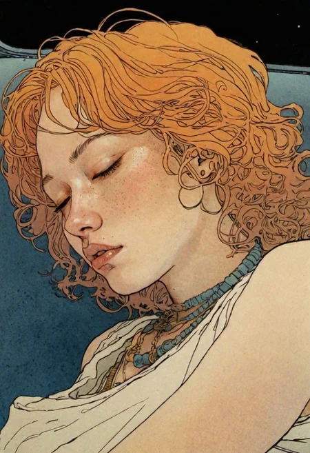 (color ink painting by Moebius, Katsuya Terada, Jeffrey Catherine Jones), drunk girl sleeping on night bus, young woman, upper body, oval face, round cheeks, messy and unkempt hair, night time, drooling from parted lips, saliva on chin, detailed textures, simple necklace, night lighting,