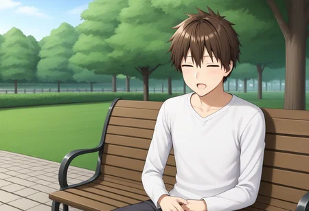 masterpiece,best quality,amazing quality,sakurai shin'ichi,outdoors,tree,solo,1boy,closed eyes,open mouth,male focus,white shirt,bench,park,sitting,day,long sleeves,<lora:shinichi_sakurai_V2-3-000010:0.8>,