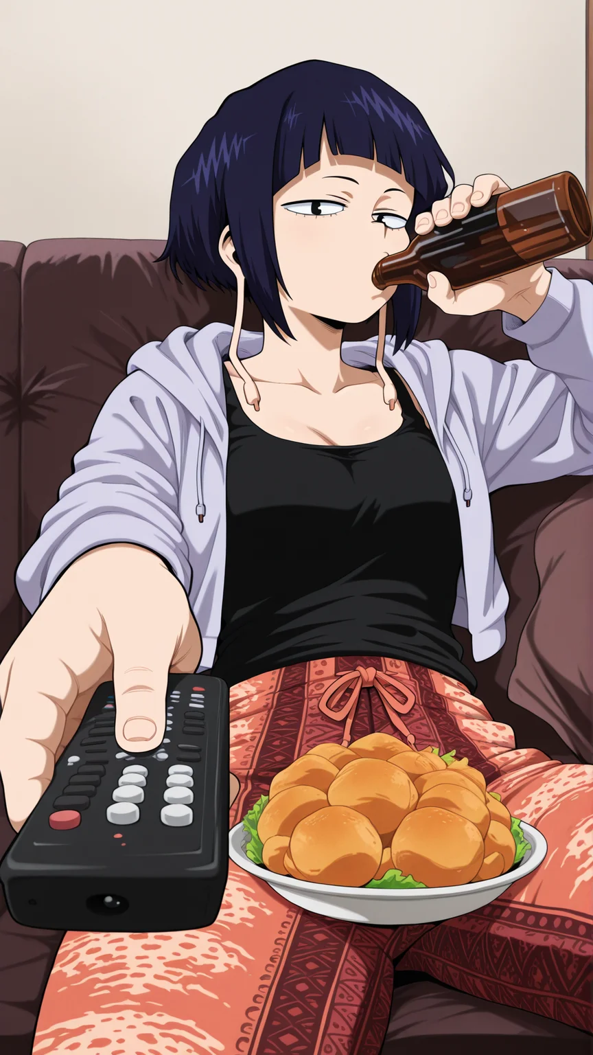 masterpiece, best quality, absurdres, amazing quality,  1girl, solo, <lora:IlluJirou:1> illujiro, short hair, bangs, long earlobes, purple hair, black hair, black eyes, <lora:printed_flare_pants_ilxl_goofy:1> printed flare pants, open jacket, tank top, hoodie,  <lora:ManWatchingTVMeme_illusXLNoobAI_Incrs_v1:1> sitting, holding bottle, holding remote control, controller, on couch, drinking, looking at viewer, food