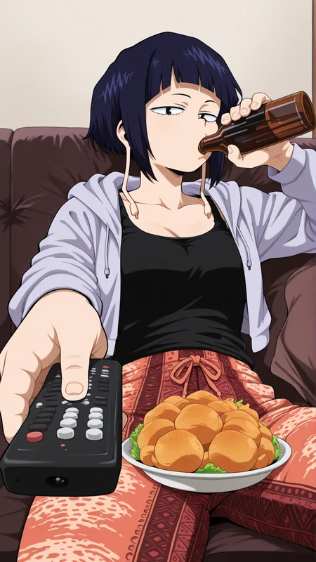 masterpiece, best quality, absurdres, amazing quality, 1girl, solo, <lora:IlluJirou:1> illujiro, short hair, bangs, long earlobes, purple hair, black hair, black eyes, <lora:printed_flare_pants_ilxl_goofy:1> printed flare pants, open jacket, tank top, hoodie, <lora:ManWatchingTVMeme_illusXLNoobAI_Incrs_v1:1> sitting, holding bottle, holding remote control, controller, on couch, drinking, looking at viewer, food