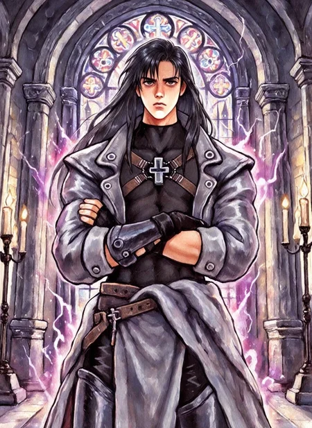 masterpiece, best quality, amazing quality, FMIXF, vibrant details, cyb88, traditional media, hugbaldw, 1boy, solo, male focus, mature eyes, grey cropped jacket, body harness with holy cross design, long hair, black hair, charcoal greaves, grey skirt, black shirt, black pants, black fingerless gloves, arms crossed, indoors, castle, pillars, stained glass window, lightning, wall candles, purple aura