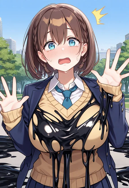 masterpiece, best quality, 1girl, solo, <lora:aichan-illu-nvwls-v1-000005:1> aichan, brown hair, medium hair, cyan eyes, braid, large breasts, blue blazer, yellow sweater vest, blue necktie, blue skirt, pleated skirt, looking at viewer, crying, blush, blue sky, city, upper body, waving, trees, park, surprised, black slime, stick black slime covering her body, torn clothes, slime sex,