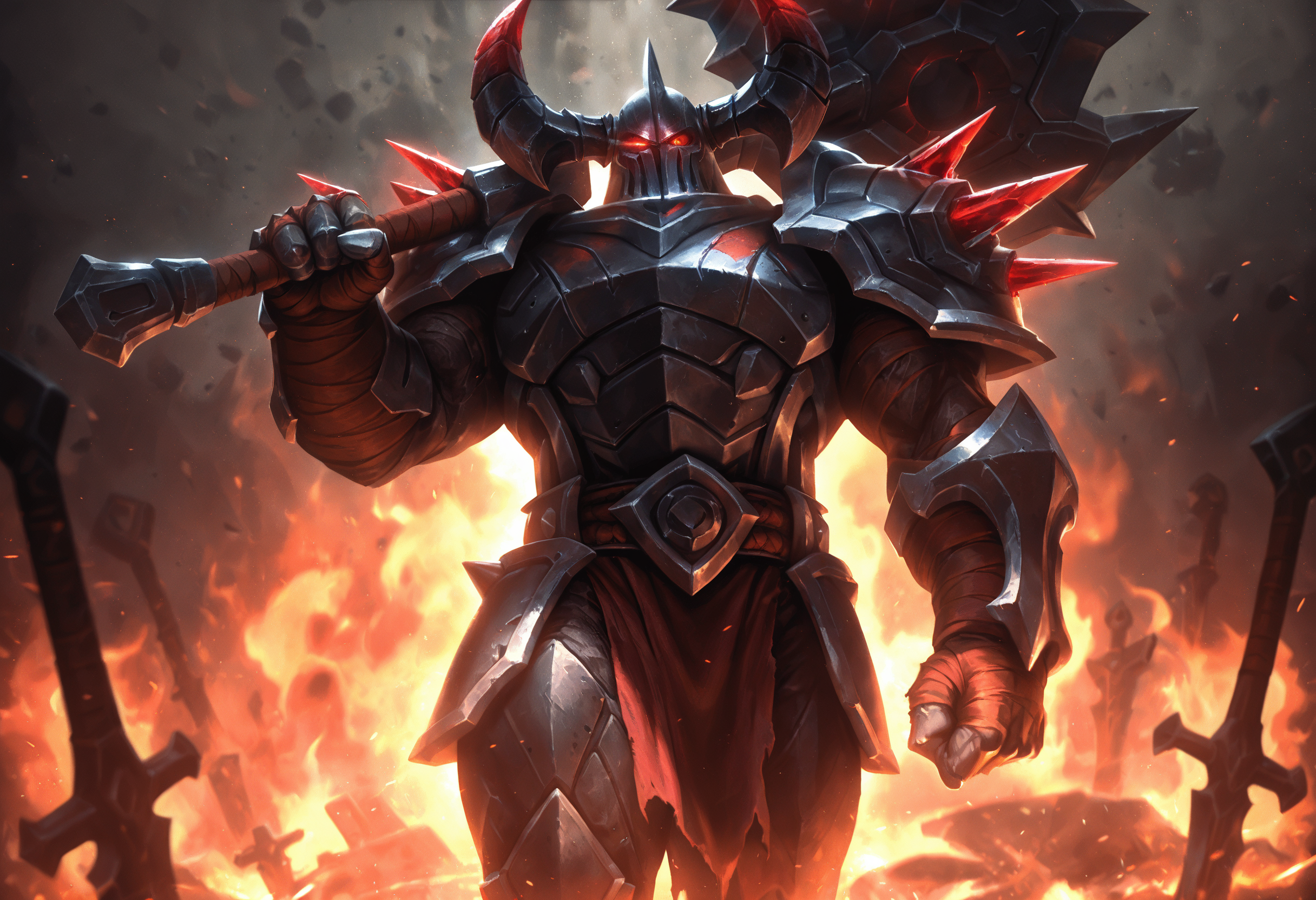 lolart, 1boy, axe, bandages, breastplate, clenched hand, club (weapon), cowboy shot, embers, fire, full armor, gauntlets, glowing eye, glowing eyes, hammer, helmet, holding weapon, horns, loincloth, looking at viewer, male focus, muscular male, over shoulder, pauldrons, pelvic curtain, power armor, red eyes, shoulder armor, solo, standing, sword, weapon over shoulder <lora:lolart-ill11-v5.1:0.8000000000000002>
