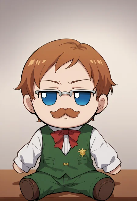 score_9, score_8_up, score_7_up, source_anime, fumo \(doll\), chibi, sitting, 1boy, solo, Escanor, skinny, short hair, brown hair, mustache, blue eyes, glasses, white shirt, red bow, green vest, long sleeves, white sleeves, green pants, <lora:style_toyfumo_ponyXL:1>, <lora:ChamEscanorPonyXL:0.8>