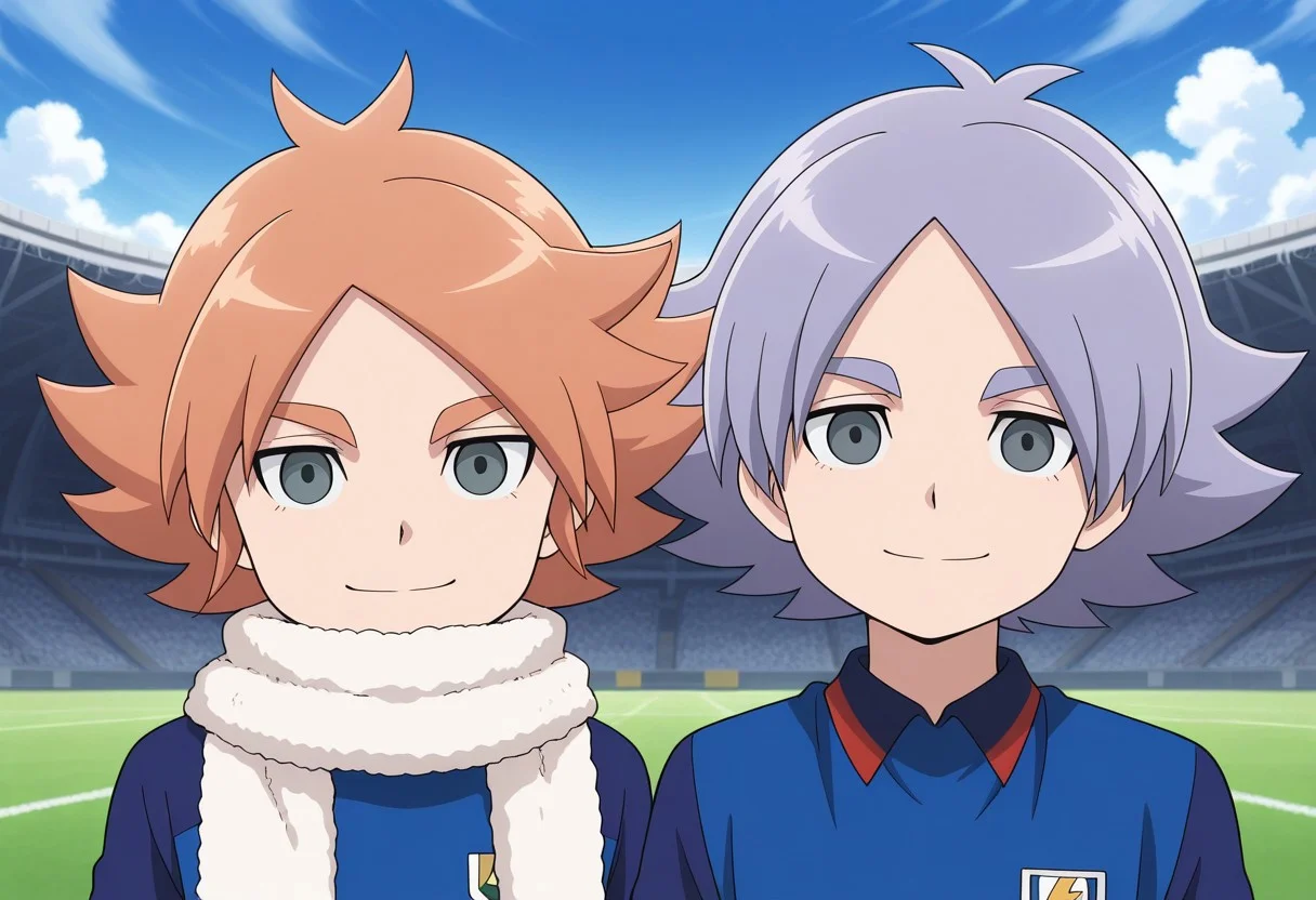 masterpiece,best quality,amazing quality, source_anime,
2boys, brothers, looking at viewer, smile,
orion soccer uniform, shirt, blue shirt, raglan sleeves, short sleeves,
FubukiAtsuya, 1boy, male focus, grey eyes, orange hair, BREAK
fubukishirou, 1boy, male focus, grey hair, parted bangs, grey eyes, BREAK
outdoor, sky, day, clouds,