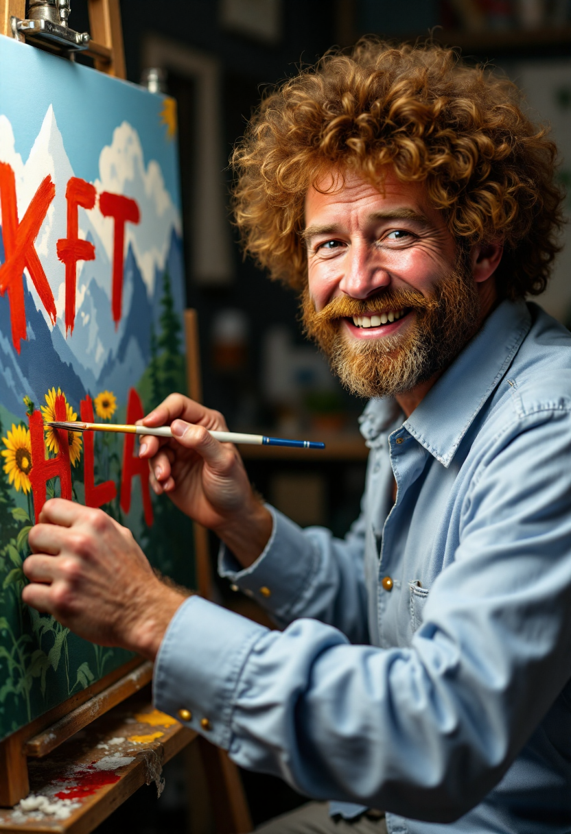 <lora:PCB_Image_Enhancer_for_FLUX:0.9> Realistic photo of Bob Ross painting the text "KFT HLA" on a canvas, smiling.