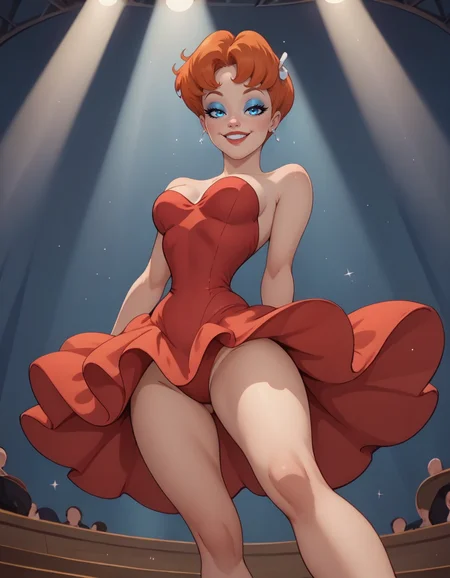 score_9, score_8_up, score_7_up,score_6_up, score_5_up, score_4_up , 1girl,
large breasts,
redtavery,
short hair, blue eyes, orange hair, eyeshadow,
red dress, strapless dress, jewelry, short_dress,
half-closed eyes, smile,
dancing,
spotlight, light particles, stage,
looking at viewer,
from below,
<lora:RedTavery PonyXL v01:0.90>